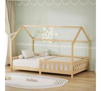 ML-Design Cama Infantil 120x200cm Natural, con Protección Anticaída, Techo y Somier, Estructura Listones de Madera de Maciza de Pino Lecho Doble Montessori Forma de Casa Mobiliario Juvenil, para Niños