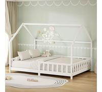 ML-Design Cama Infantil 140x200cm Blanco, con Protección Anticaída, Techo y Somier, Estructura Listones de Madera de Maciza de Pino Lecho Doble Montessori Forma de Casa Mobiliario Juvenil, para Niños