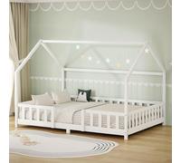 ML-Design Cama Infantil 140x200cm Blanco, con Protección Anticaída, Techo y Somier, Estructura Listones de Madera de Maciza de Pino Lecho de Suelo Montessori Forma de Casa Mobiliario Juvenil/Niños