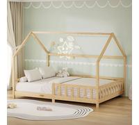 ML-Design Cama Infantil 140x200cm Natural, con Protección Anticaída, Techo y Somier, Estructura Listones de Madera de Maciza de Pino Lecho Doble Montessori Forma de Casa Mobiliario Juvenil, para Niños