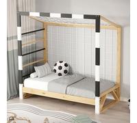 ML-Design Cama Infantil 70 x 140 cm con Portería de Fútbol y Escalera de Trepar, Cuna Individual de Madera de Pino para Niño con Somier de Láminas y Red Litera Maciza Juvenil Puerta de Juego y Deporte