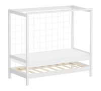 ML-Design Cama Infantil 70 x 140 cm en Forma de Portería de Fútbol con Colchón 10cm Madera de Pino Color Blanco, Cuna Individual para Niño con Somier de Láminas y Red, Litera Maciza Juvenil de Juego