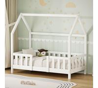 ML-Design Cama Infantil 70x140 cm en Forma de Casa, Madera Maciza de Pino Blanca con Protección Anticaída, Techo y Somier de Láminas, Cuna de Suelo para Niños y Niñas, Juvenil Individual Montessori