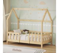 ML-Design Cama Infantil 70x140 cm en Forma de Casa, Madera Maciza de Pino Natural con Protección Anticaída, Techo y Somier de Láminas, Cuna de Suelo para Niños y Niñas, Juvenil Individual Montessori