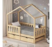 ML-Design Cama Infantil 70x140cm Forma de Casita Madera Natural Maciza de Pino con 2 Cajones con Somier de Láminas, Techo y Protección Anticaída, Cuna Baja de Suelo para Niños Litera Montessori Junior