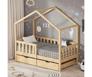 ML-Design Cama Infantil 70x140cm Forma de Casita Madera Natural Maciza de Pino con 2 Cajones con Somier de Láminas, Techo y Protección Anticaída, Cuna Baja de Suelo para Niños Litera Montessori Junior