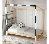 ML-Design Cama Infantil 80 x 160 cm con Portería de Fútbol y Escalera de Trepar, Cuna Individual de Madera de Pino para Niño con Somier de Láminas y Red Litera Maciza Juvenil Puerta de Juego y Deporte