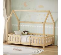 ML-Design Cama Infantil 80x160 cm en Forma de Casa, Madera Maciza de Pino Natural con Protección Anticaída, Techo y Somier de Láminas, Cuna de Suelo para Niños y Niñas, Juvenil Individual Montessori