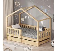 ML-Design Cama Infantil 80x160cm Forma de Casita Madera Natural Maciza de Pino con 2 Cajones con Somier de Láminas, Techo y Protección Anticaída, Cuna Baja de Suelo para Niños Litera Montessori Junior