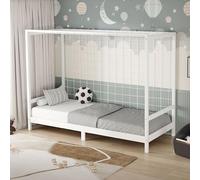 ML-Design Cama Infantil 90 x 200 cm con Portería de Fútbol Balonmano de Madera de Pino Blanca, Cuna Individual para Niño con Somier de Láminas y Red, Litera Maciza Juvenil