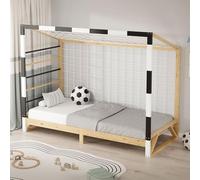 ML-Design Cama Infantil 90 x 200 cm con Portería de Fútbol-Balonmano y Escalera de Trepar, Cuna Individual de Madera para Niño con Somier de Láminas y Red, Litera Juvenil Puerta de Juego y Deporte