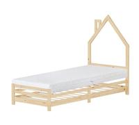 ML-Design Cama Infantil 90 x 200 cm en Forma de Casa con Colchón 16 cm, Cuna Individual de Madera de Pino con Somier de Láminas y Diseño de Casita con Chimenea, Litera Maciza Juvenil de Juego