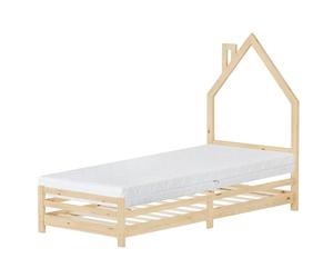 ML-Design Cama Infantil 90 x 200 cm en Forma de Casa con Colchón 16 cm, Cuna Individual de Madera de Pino con Somier de Láminas y Diseño de Casita con Chimenea, Litera Maciza Juvenil de Juego
