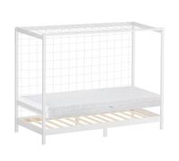 ML-Design Cama Infantil 90 x 200 cm en Forma de Portería de Fútbol Balonmano + Colchón 16cm Madera de Pino Blanca, Cuna Individual para Niño con Somier de Láminas y Red Litera Maciza Juvenil