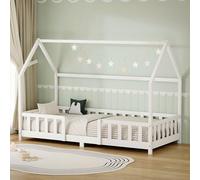 ML-Design Cama Infantil 90x200 cm en Forma de Casa, Madera Maciza de Pino Blanco con Protección Anticaída, Techo y Somier de Láminas, Cuna de Suelo para Niños y Niñas, Juvenil Individual Montessori