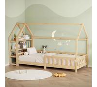ML-Design Cama Infantil 90x200 cm Natural, con Protección Anticaída, Estante, Techo y Somier, Estructura de Madera Maciza de Pino, Lecho de Suelo Montessori Forma de Casa Mobiliario Juvenil/Niños
