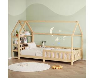 ML-Design Cama Infantil 90x200 cm Natural, con Protección Anticaída, Estante, Techo y Somier, Estructura de Madera Maciza de Pino, Lecho de Suelo Montessori Forma de Casa Mobiliario Juvenil/Niños