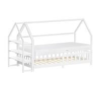 ML-Design Cama Infantil 90x200cm Blanco, con Colchón Al:16cm, Protección Anticaída, Techo y Somier, Listones de Madera de Maciza de Pino Lecho Montessori Forma de Casa Mobiliario Juvenil, para Niños