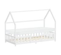 ML-Design Cama Infantil 90x200cm Blanco, con Colchón, Protección Anticaída, Techo y Somier, Listones de Madera de Maciza de Pino Lecho Doble Montessori Forma de Casa Mobiliario Juvenil, para Niños