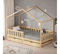 ML-Design Cama Infantil 90x200cm Forma de Casita Madera Natural Maciza de Pino con 2 Cajones con Somier de Láminas, Techo y Protección Anticaída, Cuna Baja de Suelo para Niños Litera Montessori Junior