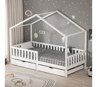 ML-Design Cama Infantil 90x200cm Forma de Casita Madera Natural Maciza de Pino con 2 Cajones con Somier de Láminas, Techo y Protección Anticaída, Cuna Baja de Suelo para Niños Litera Montessori Junior
