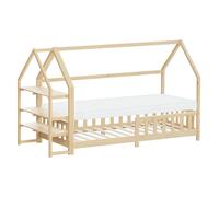 ML-Design Cama Infantil 90x200cm Natural, con Colchón Al:10cm, Protección Anticaída, Techo y Somier, Listones de Madera de Maciza de Pino Lecho Montessori Forma de Casa Mobiliario Juvenil, para Niños