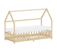 ML-Design Cama Infantil 90x200cm Natural, con Colchón, Protección Anticaída, Techo y Somier, Listones de Madera de Maciza de Pino Lecho Doble Montessori Forma de Casa Mobiliario Juvenil, para Niños