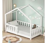 ML-Design Cama Infantil Casa 70x140 cm Madera Blanca Maciza de Pino, Casita Estilo Montessori con Somier de Láminas, Techo y Protección Anticaída, Cuna Baja de Suelo para Niños, Litera Junior