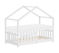 ML-Design Cama Infantil Casa 70x140 cm Madera Blanca Maciza de Pino con Colchón, Casita Estilo Montessori con Somier de Láminas, Techo y Protección Anticaída, Cuna Baja de Suelo Litera para Niños