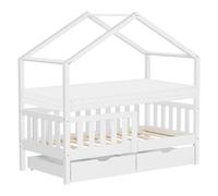 ML-Design Cama Infantil Casa 70x140 cm Madera Maciza Blanca de Pino con Colchón, Casita Estilo Montessori con 2 Cajones, Somier de Láminas, Techo y Protección Anticaída, Cuna Baja de Suelo para Niños
