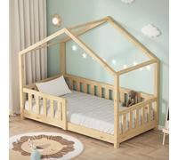 ML-Design Cama Infantil Casa 70x140 cm Madera Natural Maciza de Pino, Casita Estilo Montessori con Somier de Láminas, Techo y Protección Anticaída, Cuna Baja de Suelo para Niños, Litera Junior