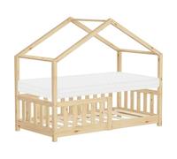 ML-Design Cama Infantil Casa 70x140 cm Madera Natural Maciza de Pino con Colchón, Casita Estilo Montessori con Somier de Láminas, Techo y Protección Anticaída, Cuna Baja de Suelo Litera para Niños