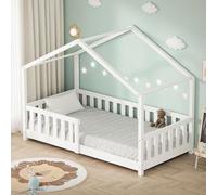 ML-Design Cama Infantil Casa 80x160 cm Madera Blanca Maciza de Pino, Casita Estilo Montessori con Somier de Láminas, Techo y Protección Anticaída, Cuna Baja de Suelo para Niños, Litera Junior