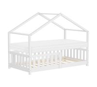ML-Design Cama Infantil Casa 80x160 cm Madera Blanca Maciza de Pino con Colchón, Casita Estilo Montessori con Somier de Láminas, Techo y Protección Anticaída, Cuna Baja de Suelo Litera para Niños