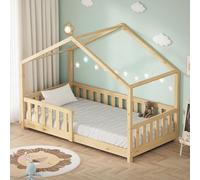 ML-Design Cama Infantil Casa 80x160 cm Madera Natural Maciza de Pino, Casita Estilo Montessori con Somier de Láminas, Techo y Protección Anticaída, Cuna Baja de Suelo para Niños, Litera Junior