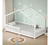 ML-Design Cama Infantil Casa 90x200 cm Madera Blanca Maciza de Pino, Casita Estilo Montessori con Somier de Láminas, Techo y Protección Anticaída, Cuna Baja de Suelo para Niños, Litera Junior