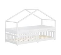 ML-Design Cama Infantil Casa 90x200 cm Madera Blanca Maciza de Pino con Colchón 16cm, Casita Estilo Montessori con Somier de Láminas, Techo y Protección Anticaída, Cuna Baja de Suelo Litera para Niño