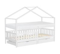 ML-Design Cama Infantil Casa 90x200 cm Madera Maciza Blanca de Pino con Colchón 16 cm, Casita Montessori con 2 Cajones, Somier de Láminas, Techo y Protección Anticaída, Cuna Baja de Suelo para Niños