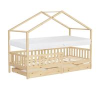ML-Design Cama Infantil Casa 90x200 cm Madera Maciza Natural de Pino con Colchón 16 cm, Casita Montessori con 2 Cajones, Somier de Láminas, Techo y Protección Anticaída, Cuna Baja de Suelo para Niños