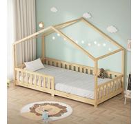 ML-Design Cama Infantil Casa 90x200 cm Madera Natural Maciza de Pino, Casita Estilo Montessori con Somier de Láminas, Techo y Protección Anticaída, Cuna Baja de Suelo para Niños, Litera Junior