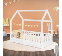 ML-Design Cama Infantil Casa Blanca 70x140 cm de Madera de Pino con Protección Anticaída, Techo y Somier Estructura de Listones, Cuna de Suelo Maciza, Lecho Casita de Juego para Niño y Bebé