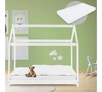 ML-Design Cama Infantil Casa Blanca 80x160 cm de Madera de Pino + Colchón de Espuma Fría 10cm, Techo y Somier de Listones, Cuna de Suelo Maciza Casita de Juego Juvenil Mobiliario para Niño y Bebé