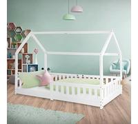ML-Design Cama Infantil Casa Blanca 90x200 cm de Madera de Pino con Protección Anticaída, Techo y Somier Estructura de Listones, Cuna de Suelo Maciza, Lecho Casita de Juego para Niño y Bebé