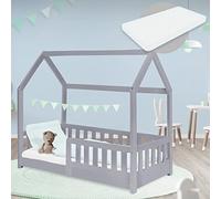 ML-Design Cama Infantil Casa Gris Claro 70x140 cm de Madera de Pino con Colchón de Espuma Fría, Protección Anticaída y Techo, Somier de Listones, Cuna de Suelo, Lecho para Niño Forma de Casita Juego