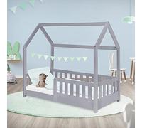 ML-Design Cama Infantil Casa Gris Claro 70x140 cm de Madera de Pino con Protección Anticaída, Techo y Somier Estructura de Listones, Cuna de Suelo Maciza, Lecho Casita de Juego para Niño y Bebé