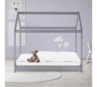 ML-Design Cama Infantil Casa Gris Claro 70x140 cm de Madera de Pino con Techo y Somier Estructura de Listones, Cuna de Suelo Maciza en Forma de Casita de Juego Juvenil Mobiliario para Niño y Bebé