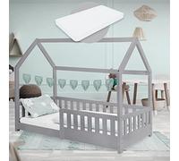 ML-Design Cama Infantil Casa Gris Claro 80x160 cm de Madera de Pino con Colchón de Espuma Fría, Protección Anticaída y Techo, Somier de Listones, Cuna de Suelo, Lecho para Niño Forma de Casita Juego