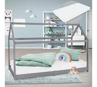 ML-Design Cama Infantil Casa Gris Claro 90x200 cm de Madera de Pino + Colchón de Espuma Fría 10cm, Techo y Somier de Listones, Cuna de Suelo Maciza Casita de Juego Juvenil Mobiliario para Niño y Bebé