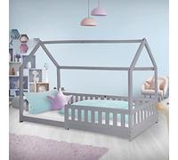 ML-Design Cama Infantil Casa Gris Claro 90x200 cm de Madera de Pino con Protección Anticaída, Techo y Somier Estructura de Listones, Cuna de Suelo Maciza, Lecho Casita de Juego para Niño y Bebé