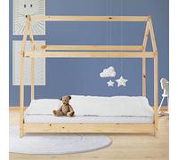 ML-Design Cama Infantil Casa Natural 80x160 cm de Madera de Pino con Techo y Somier Estructura de Listones, Cuna de Suelo Maciza en Forma de Casita, Lecho de Juego Juvenil Mobiliario para Niño y Bebé